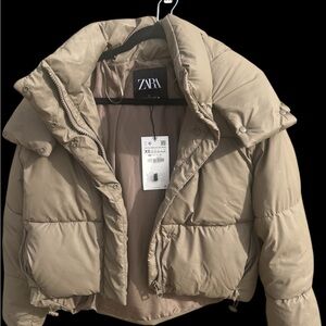 NWT Zara Women's Light Brown Dark Beige Puffer Jacket with Hoodie Size XS